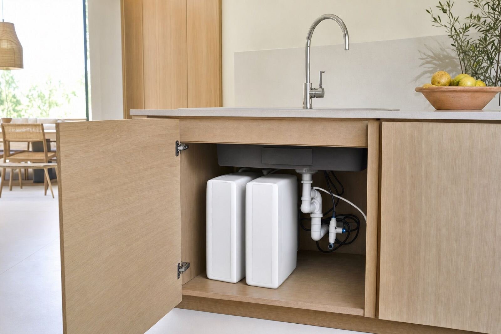 Dos ósmosis sin depósito bajo el fregadero con grifo de agua